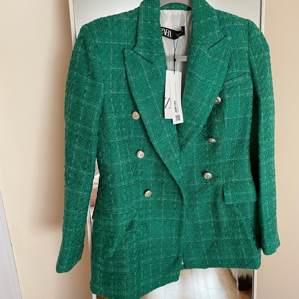 Zara brand new textured double breasted blazer green, gold buttons